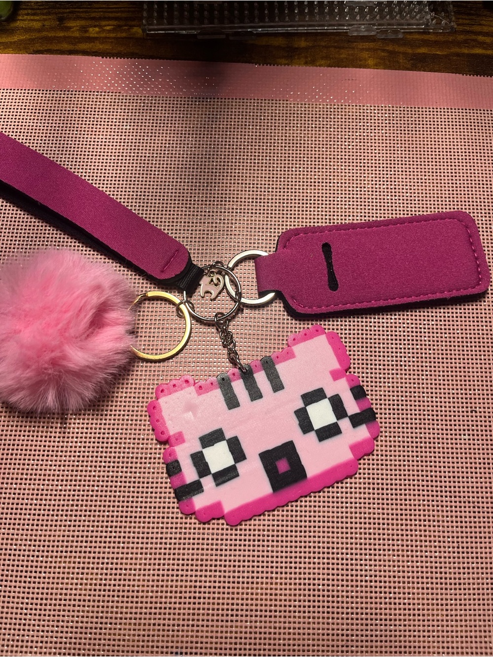 Kids Pink Pixel Cat Keychain Lanyard with Pom Pom